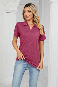 Front view of burgundy Curved Hem Johnny Collar Polo Shirt