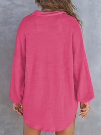 Back view of pink Waffle-Knit Dropped Shoulder Long Sleeve Sweatshirt