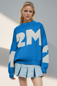 Blue Basic Bae Contrast Letter Round Neck Long Sleeve Sweater