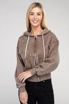 buy brown Acid Wash Fleece Cropped Zip-Up Hoodie