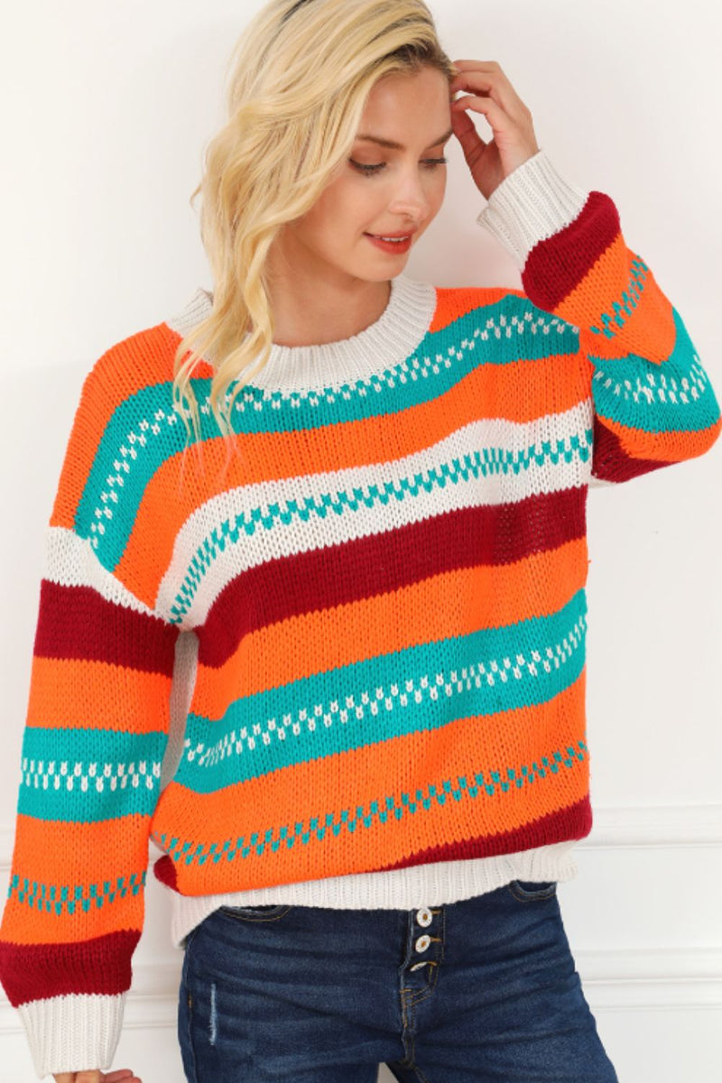 Contrast Striped Round Neck Long Sleeve Sweater