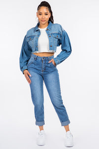 Front view of American Bazi High Waist Pleated Waist Mom Jeans