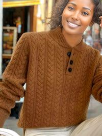 Brown Knitted Baseball Collar Twisted Rope Texture Buttoned Sweatshirt