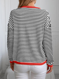 Contrast Trim Striped V-Neck Long Sleeve Knit Top