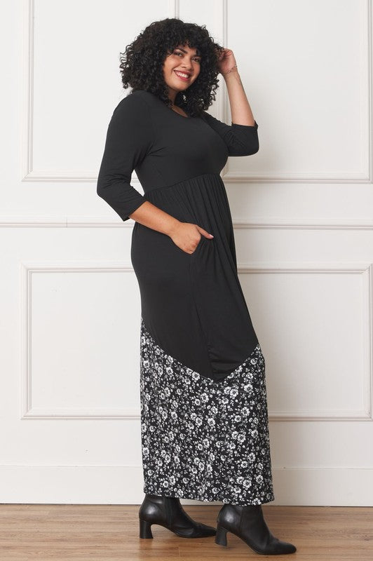 Model showing pocket of Asymmetrical Leopard Accent Maxi Dress