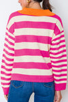 Back view of Contrast Stripes Johnny Collar Long Sleeve Sweater