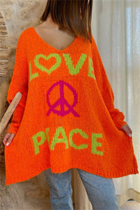 Peace Graphic V-Neck Long Sleeve Sweater