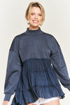 Close up view of MOCK NECK TUNIC KNIT TOP PLUS-blue