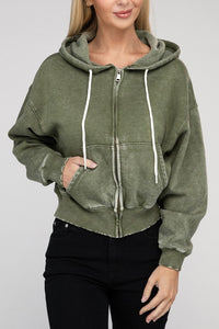 How to wear green Acid Wash Fleece Cropped Zip-Up Hoodie