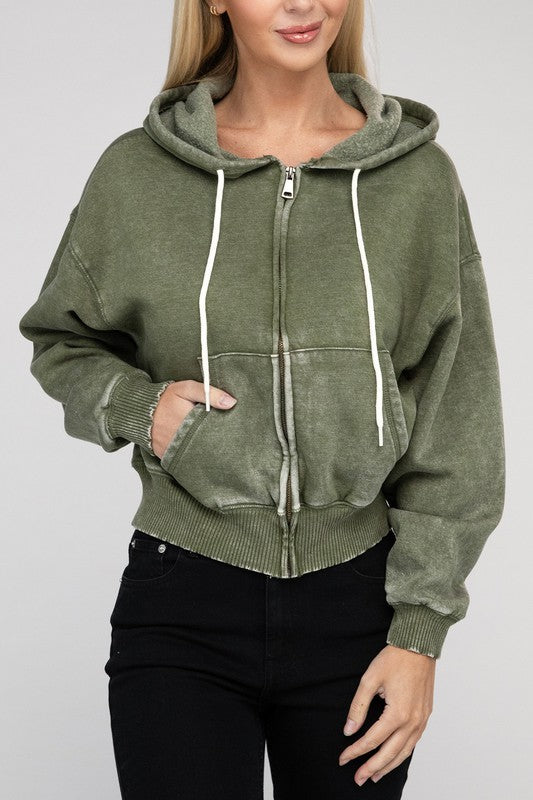 How to wear Acid Wash Fleece Cropped Zip-Up Hoodie