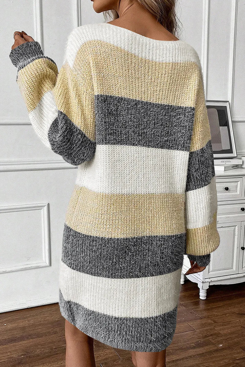 Back view of Color Block Boat Neck Long Sleeve Sweater Dress