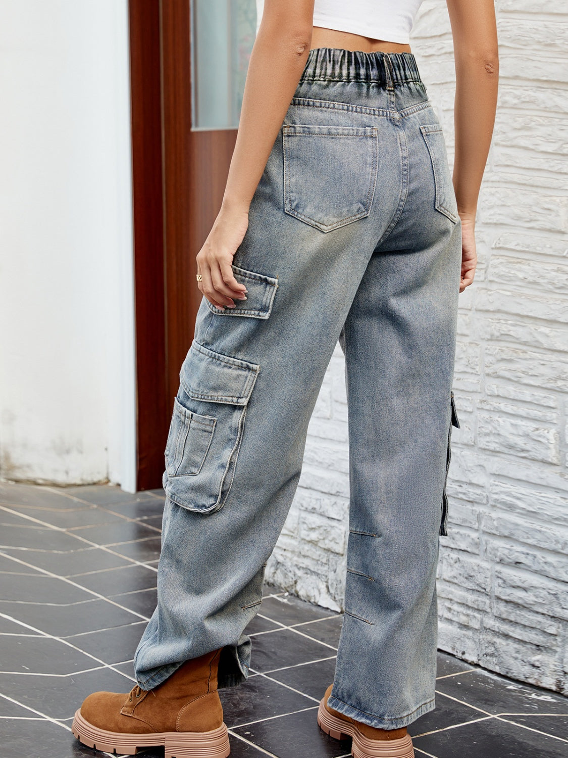 Back of Women Washed Cargo Jeans with Pockets