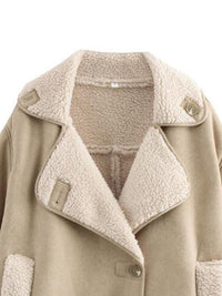 Close up view of beige Collared Neck Long Sleeve Plush Jacket