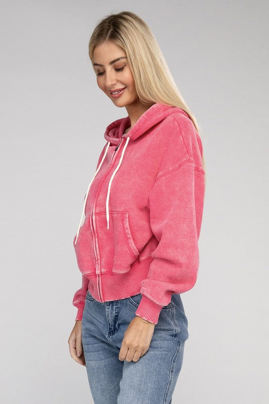 Women's pink Fleece Cropped Zip-Up Hoodie