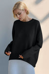 Front view of lack Basic Bae Round Neck Dropped Shoulder Sweater