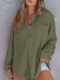 Green Waffle-Knit Dropped Shoulder Long Sleeve Sweatshirt