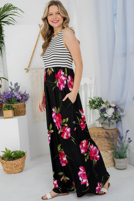 Side view of FLORAL MIX TANK MAXI DRESS-black