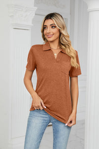 Front view of brown Curved Hem Johnny Collar Polo Shirt