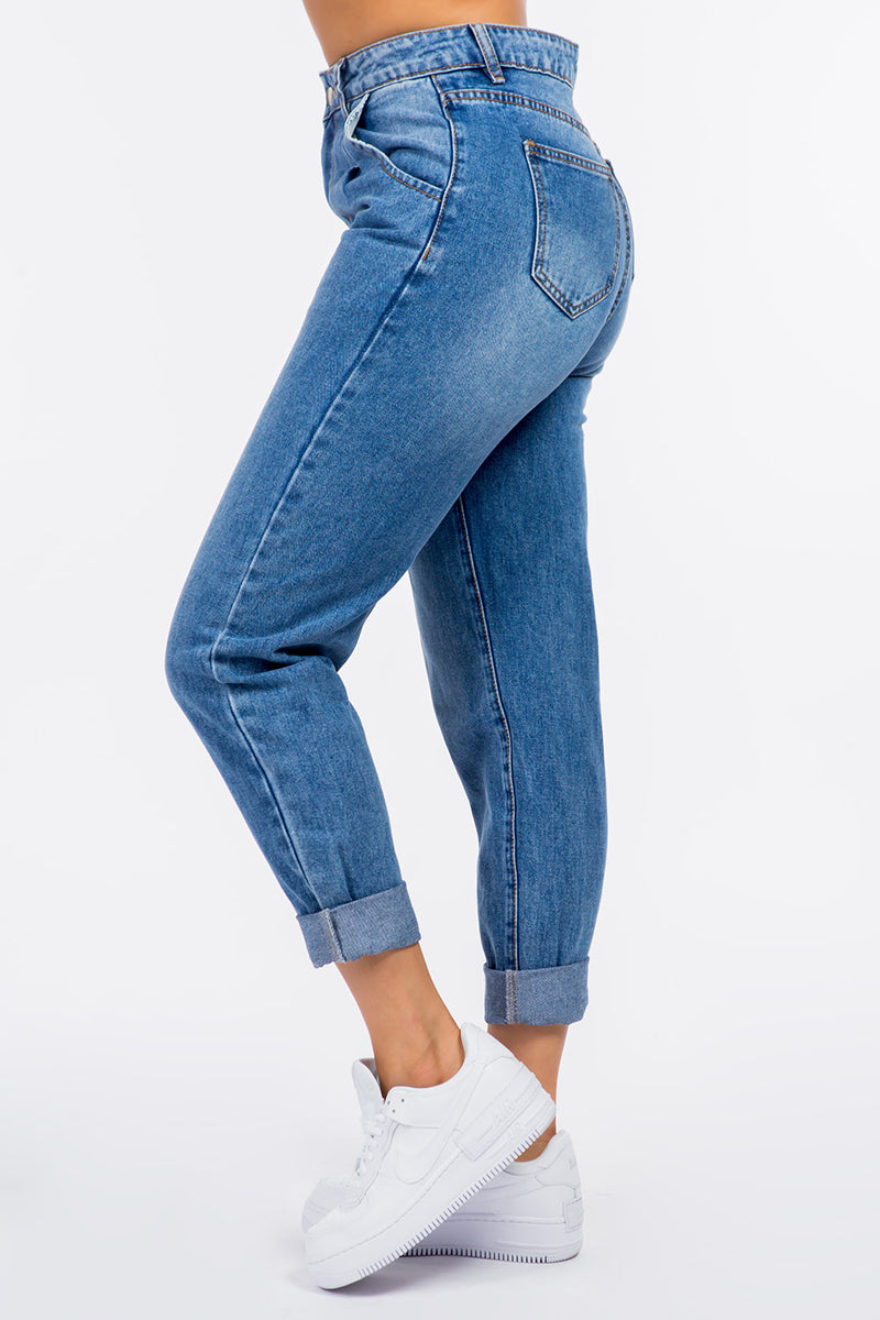 side view of American Bazi High Waist Pleated Waist Mom Jeans