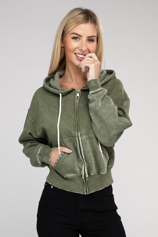 Purchase women's Acid Wash Fleece Cropped Zip-Up Hoodie