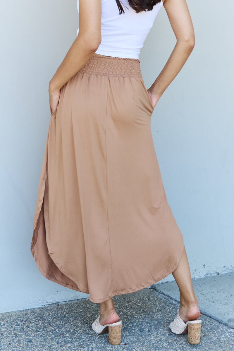 Doublju Comfort Princess Full Size High Waist Scoop Hem Maxi Skirt in Tan