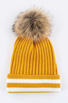 Raccoon Fur PomPom Stripe Hem Beanie