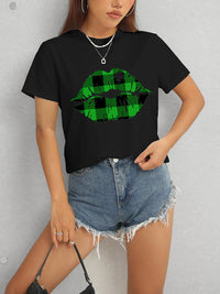 Plaid Lip Graphic Round Neck T-Shirt