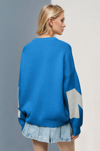 Back view of blue Basic Bae Contrast Letter Round Neck Long Sleeve Sweater