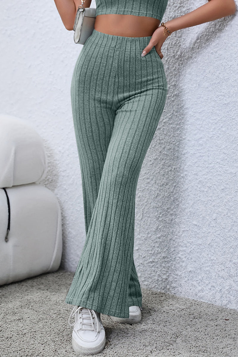 Green Basic Bae Full Size Ribbed High Waist Flare Pants