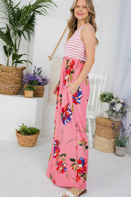 Close up view of the pocket on LORAL MIX TANK MAXI DRESS-pink