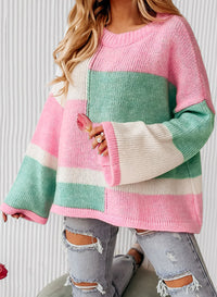 Color Block Round Neck Drop Shoulder Sweater