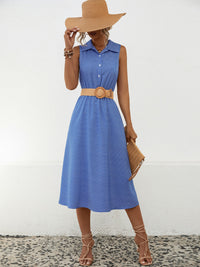 Striped Collared Neck Sleeveless Midi Dress