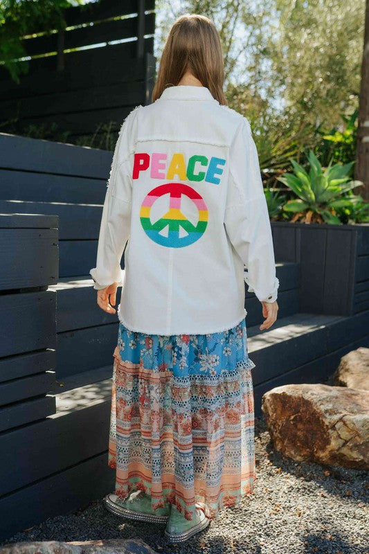 MULTI COLOR LETTERING PEACE SYMBOL BUTTON UP SHIRT