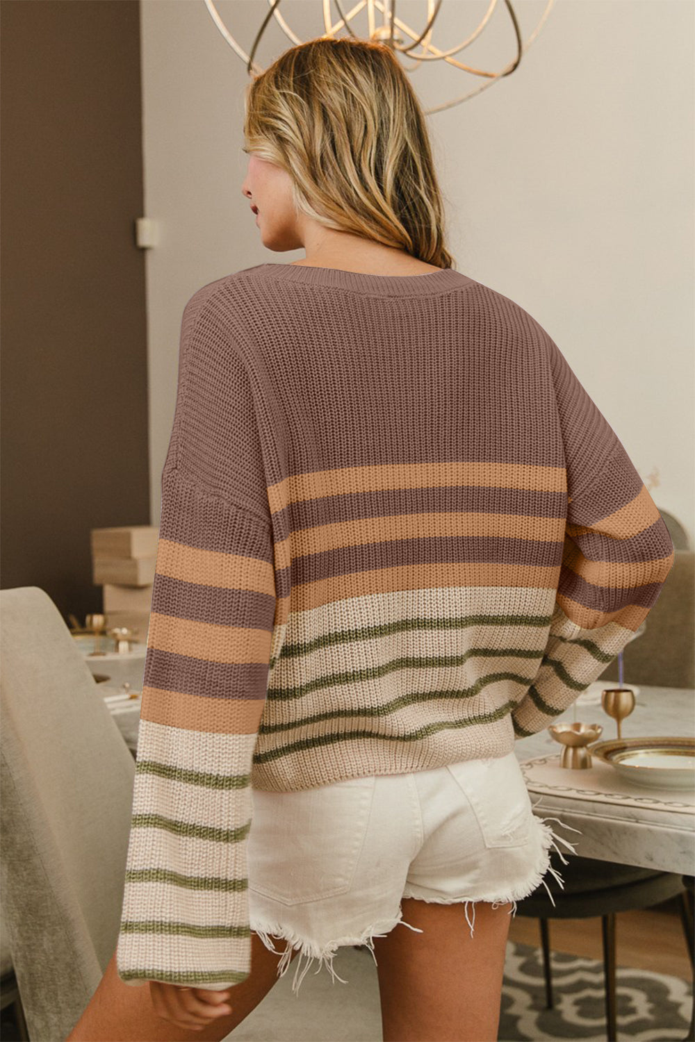 Back view of BiBi Color Block Striped Long Sleeve Sweater