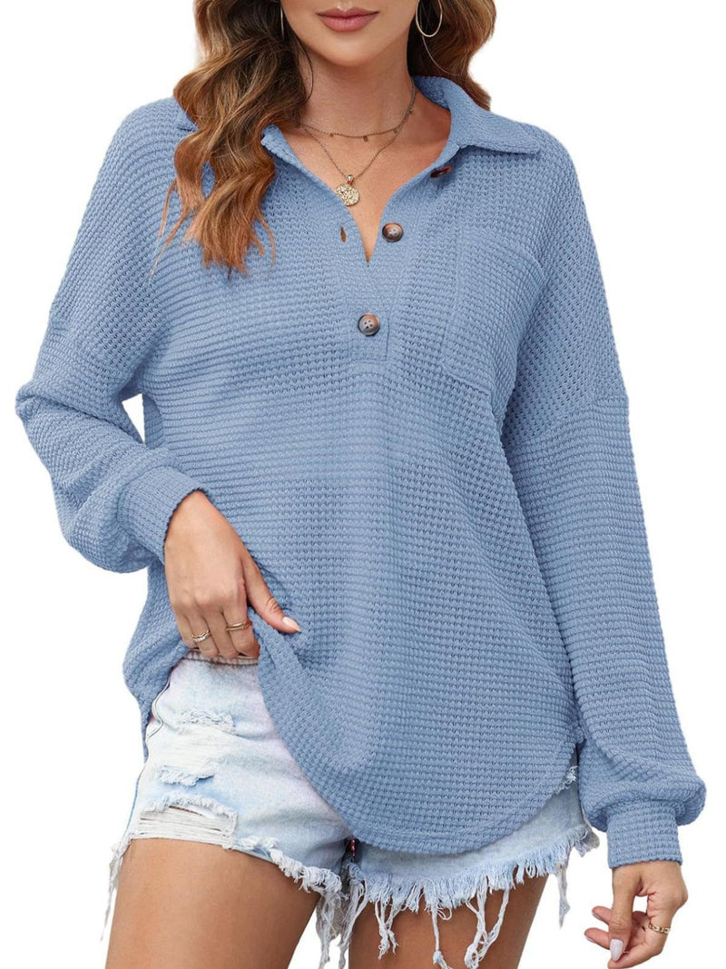 Blue Waffle-Knit Dropped Shoulder Long Sleeve Sweatshirt