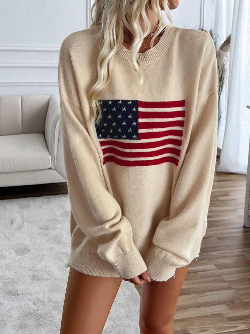 Devine US Flag Round Neck Long Sleeve Knit Top