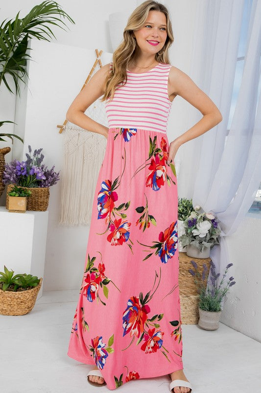 A full view of model wearing LORAL MIX TANK MAXI DRESS-pink