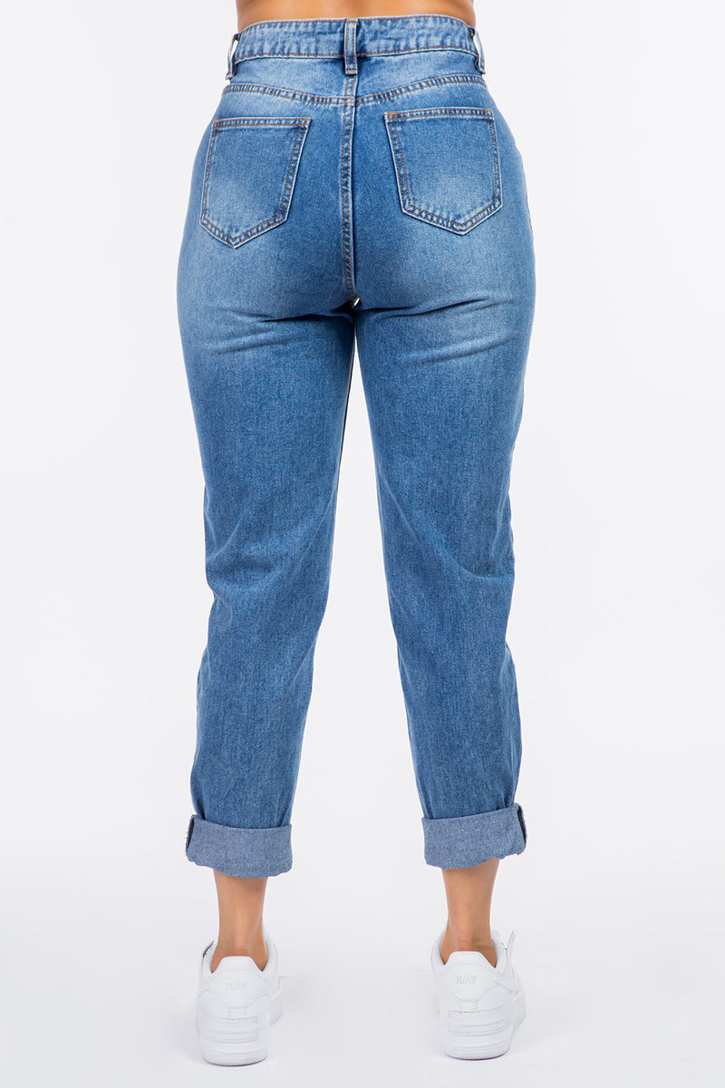 Back view of American Bazi High Waist Pleated Waist Mom Jeans