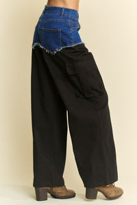 Davi & Dani Denim Patchwork Wide Leg Pants with Cargo Pockets