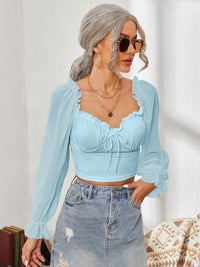 Mesh Sweetheart Neck Flounce Sleeve Top