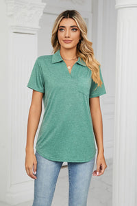 Green Curved Hem Johnny Collar Polo Shirt