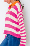 Left side view of Contrast Stripes Johnny Collar Long Sleeve Sweater