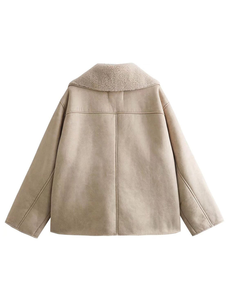 Back view of beige Collared Neck Long Sleeve Plush Jacket