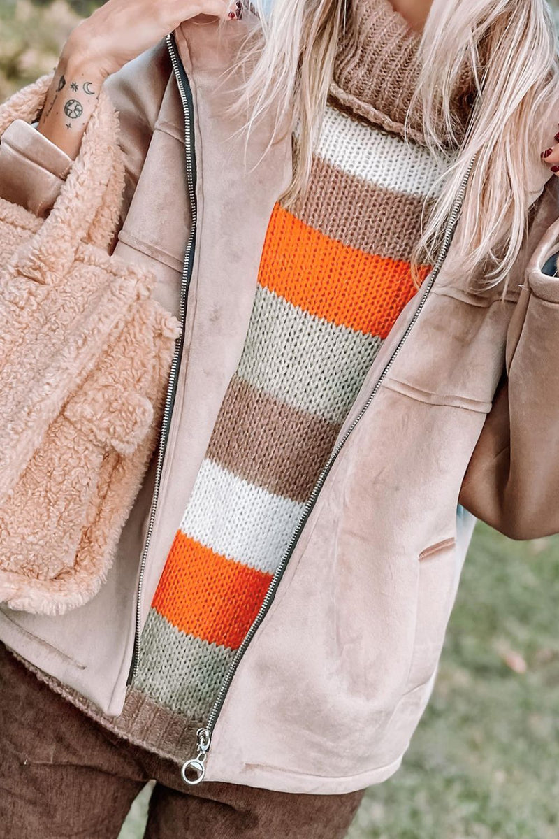 Close up view of Color Block Drop Shoulder Turtleneck Sweater