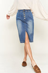 Model showing front split in the Denim button down front midi skirt 