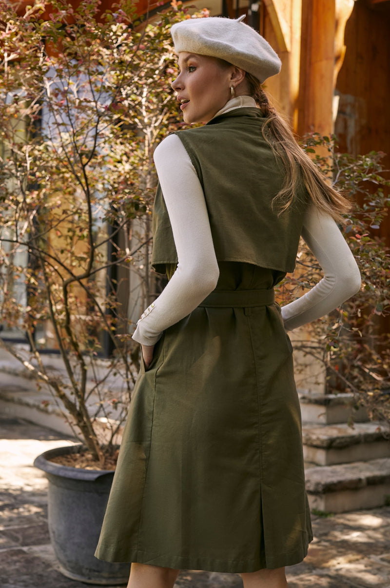 Back view of green Arden Belted Vest Trench 