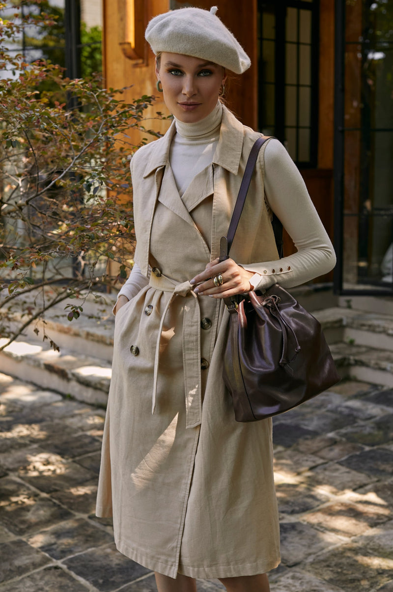 Close up of Arden Belted Vest Trench 