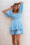 Front view of Cha-Cha Ruffle Mini Dress -soft blue