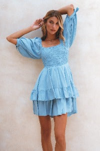 Front view of Cha-Cha Ruffle Mini Dress -soft blue