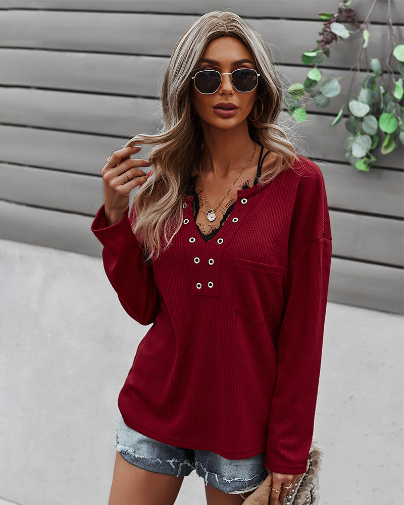 Burgundy Faux Button Placket Sweater